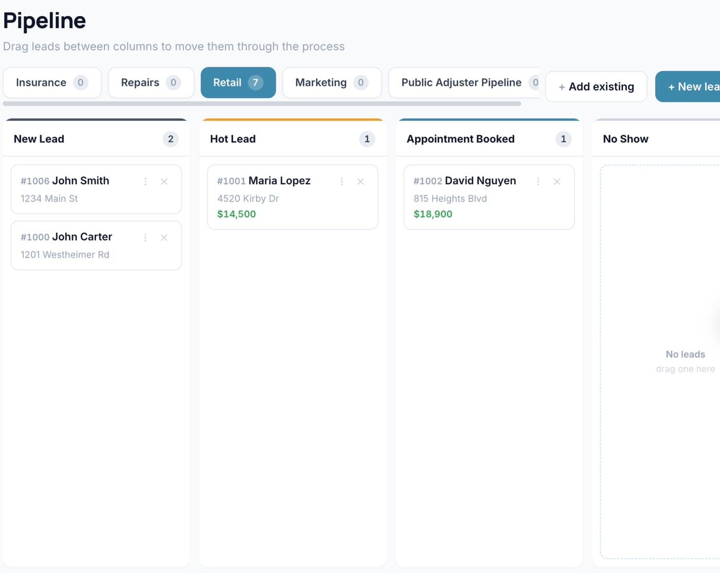 Lead pipeline in RoofDesk